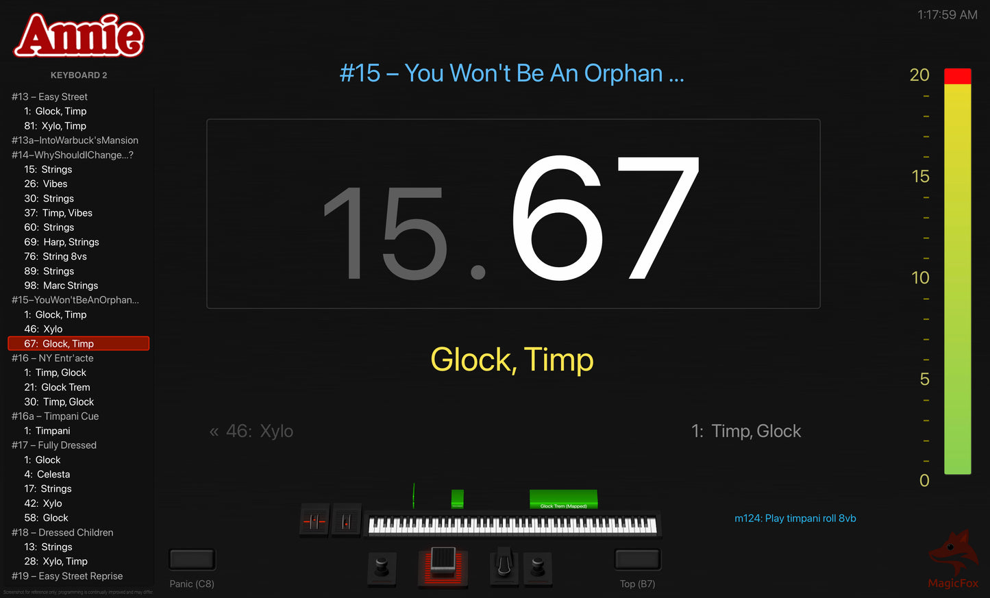 Screenshot of MagicFox MainStage programming for keyboard 2 from the Broadway musical Annie