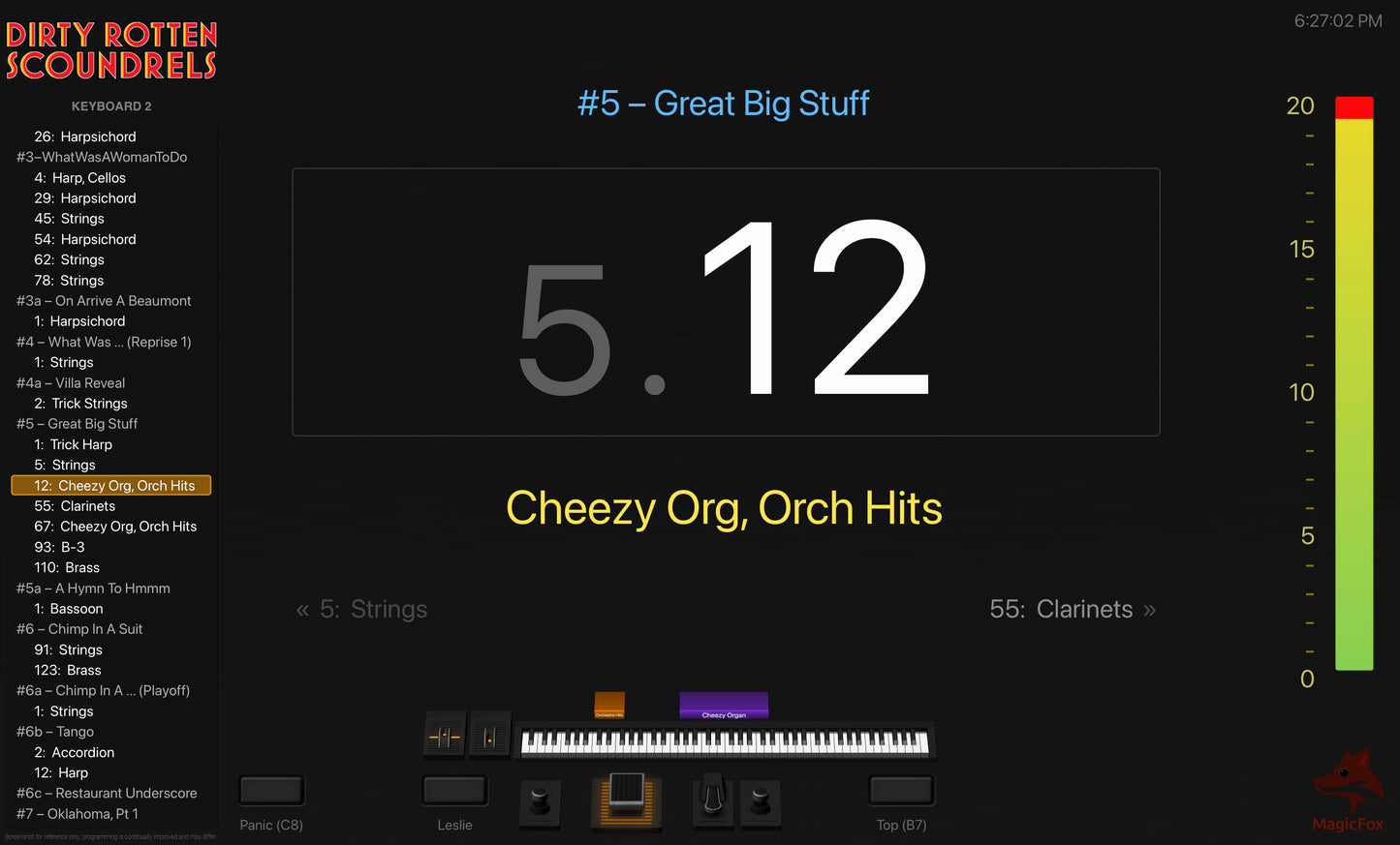 Screenshot of MagicFox MainStage programming for keyboard 2 from the Broadway musical Dirty Rotten Scoundrels