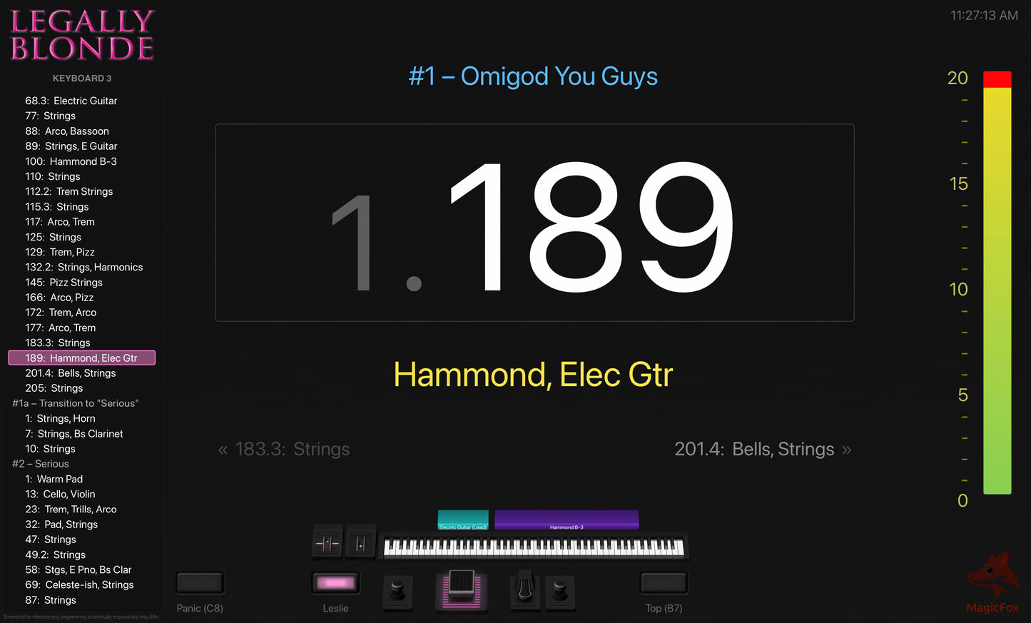 Screenshot of MagicFox MainStage programming for keyboard 3 from the Broadway musical Legally Blonde