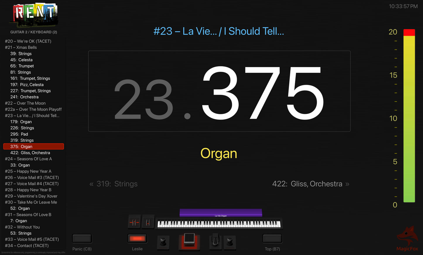 Screenshot of MagicFox MainStage programming for keyboard 2 from the Broadway musical Rent
