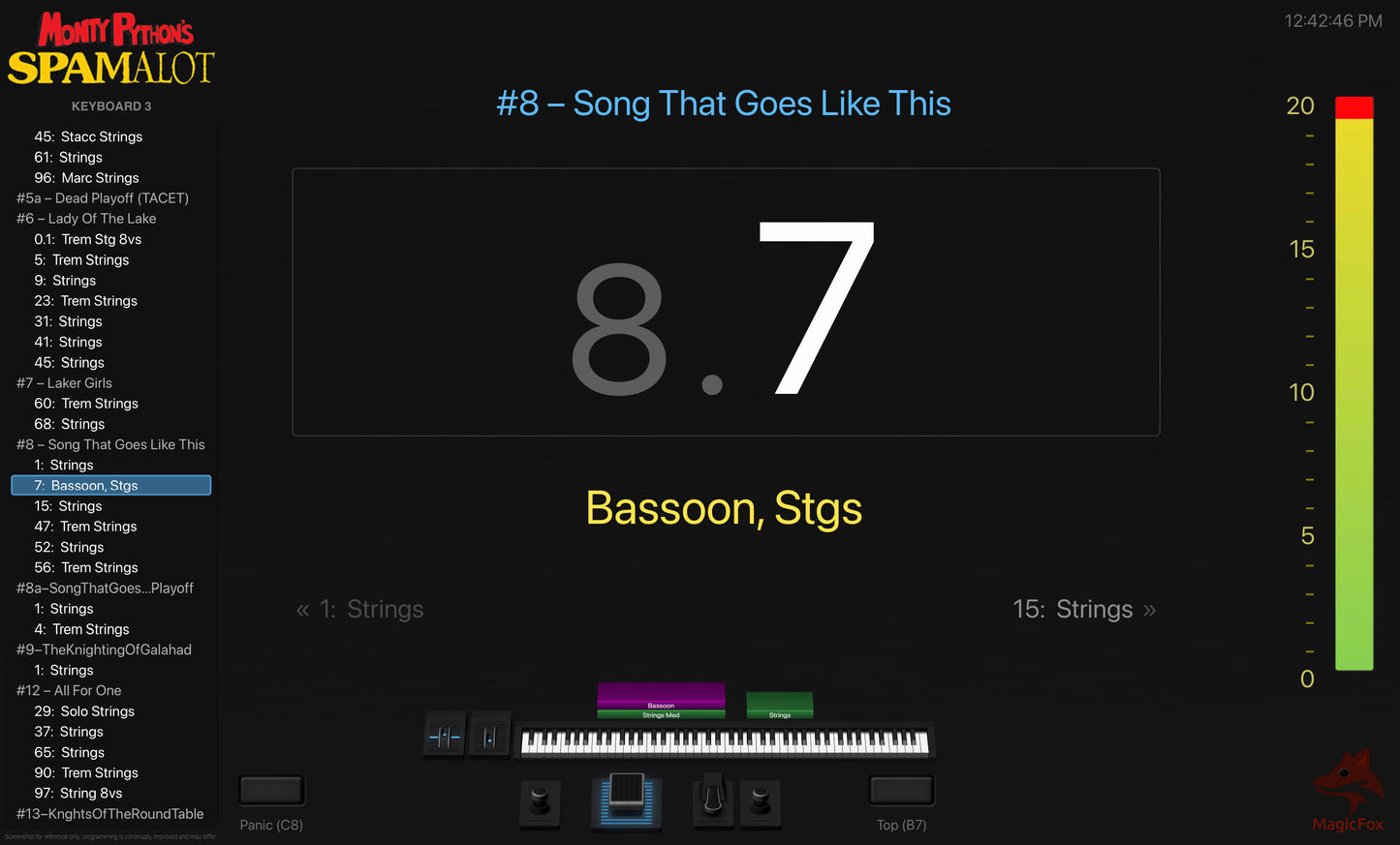 Screenshot of MagicFox MainStage programming for keyboard 3 from the Broadway musical Spamalot