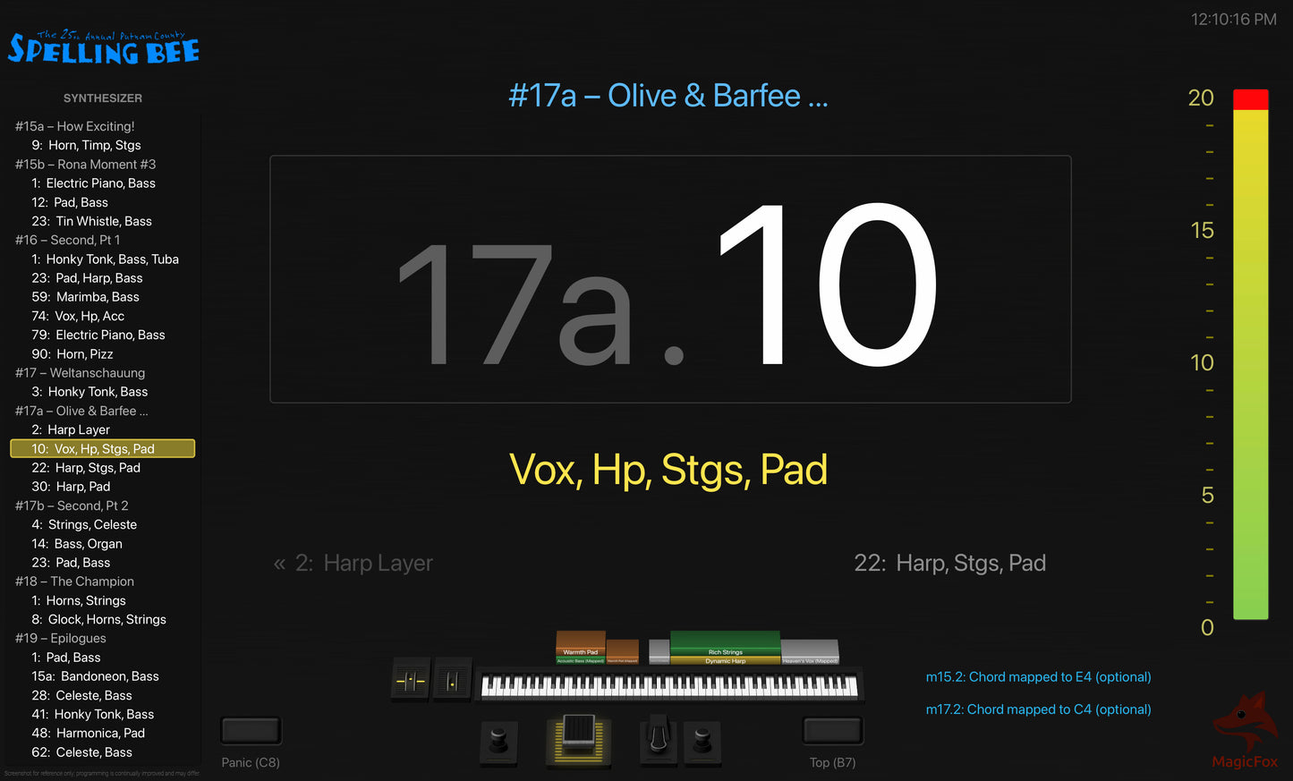 Screenshot of MagicFox MainStage programming for the synthesizer from the Broadway musical the 25th Annual Putnam County Spelling Bee