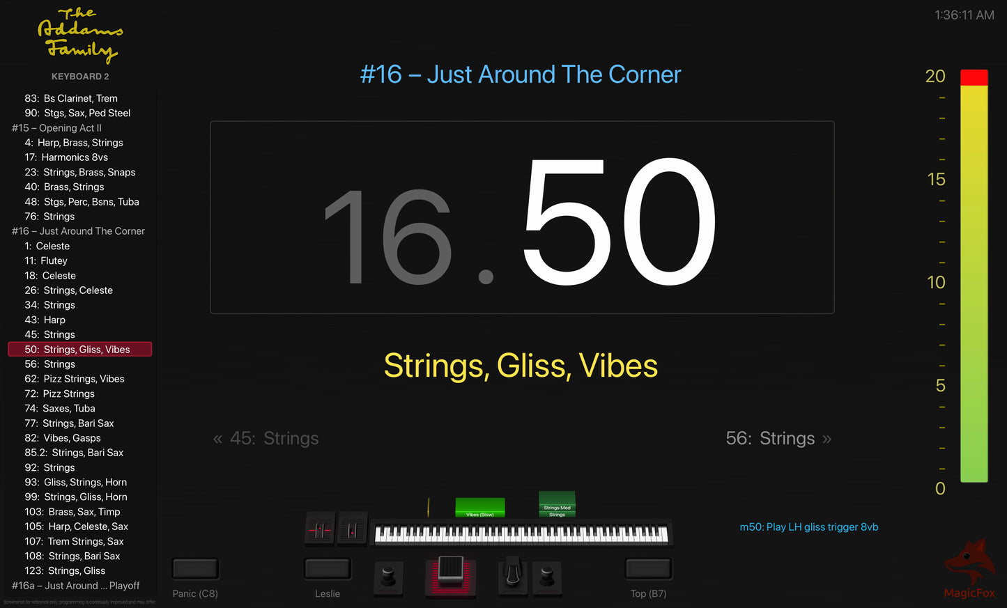 Screenshot of MagicFox MainStage programming for keyboard 2 from the Broadway musical The Addams Family