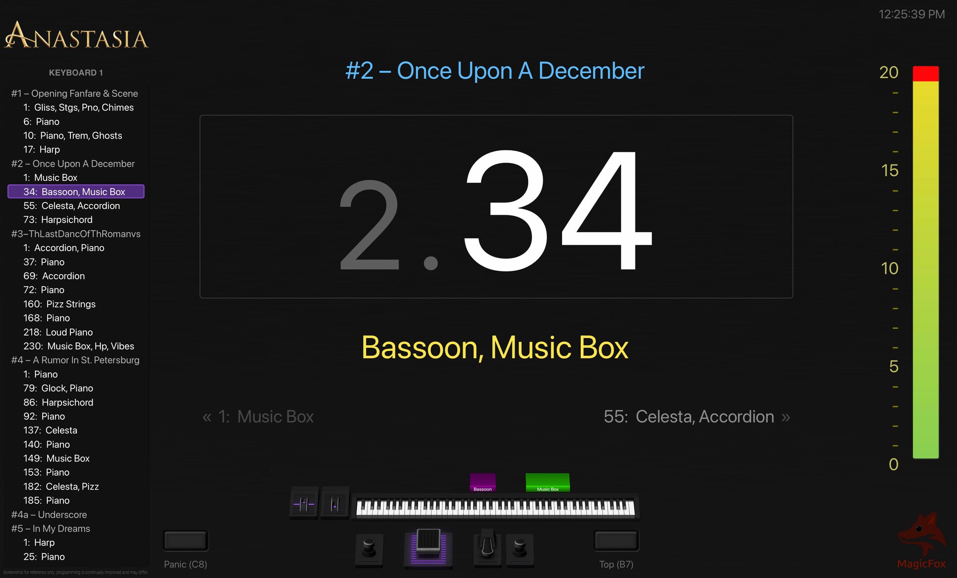 Screenshot of MagicFox MainStage programming for keyboard 1 from the Broadway musical Anastasia