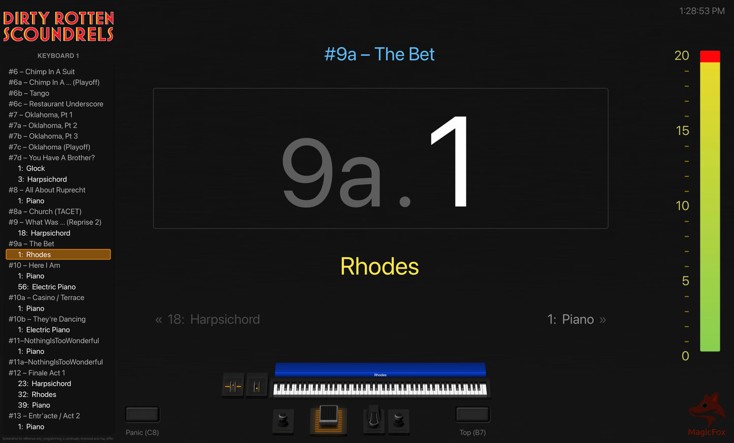 Screenshot of MagicFox MainStage programming for keyboard 1 from the Broadway musical Dirty Rotten Scoundrels