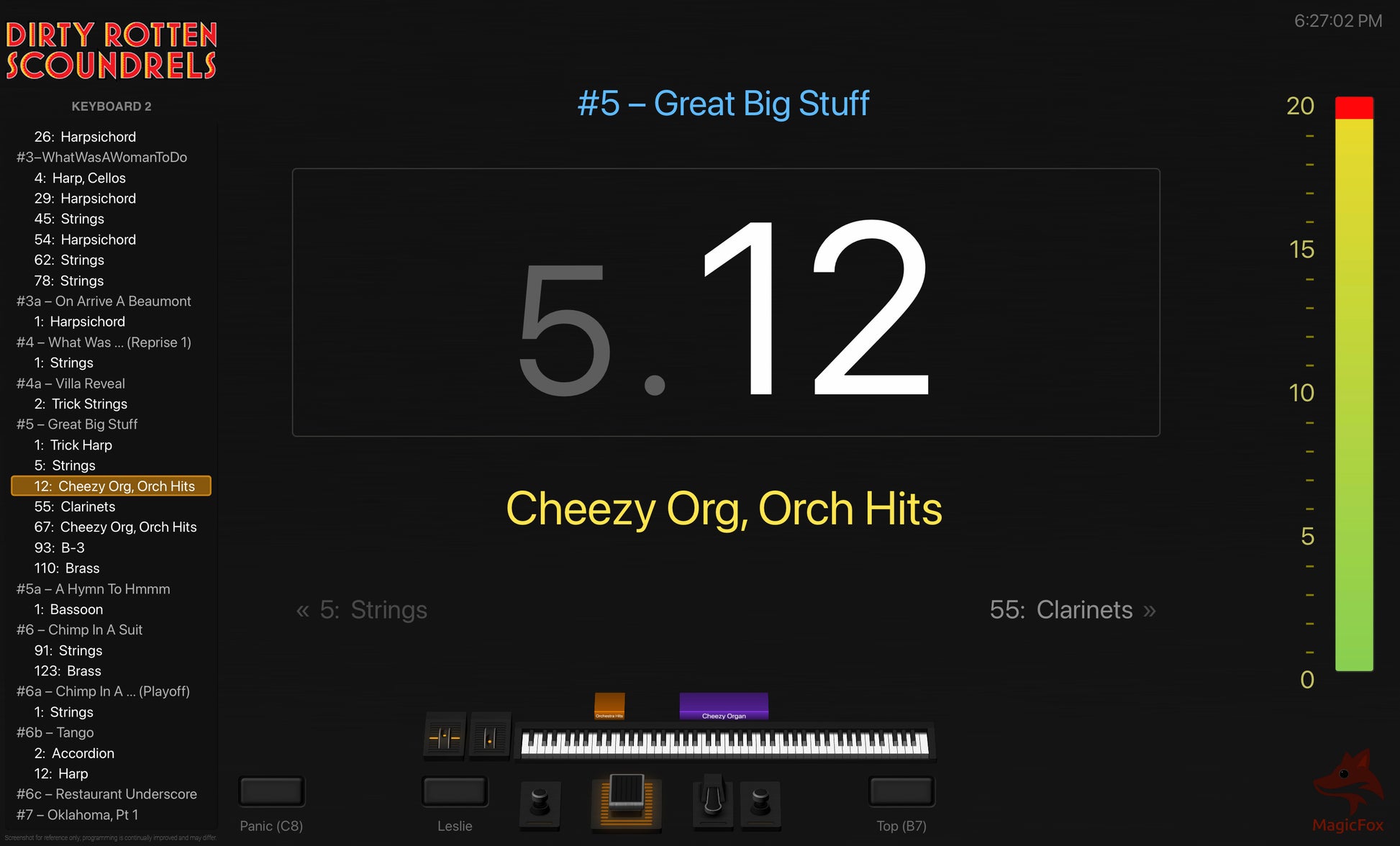 Screenshot of MagicFox MainStage programming for keyboard 2 from the Broadway musical Dirty Rotten Scoundrels
