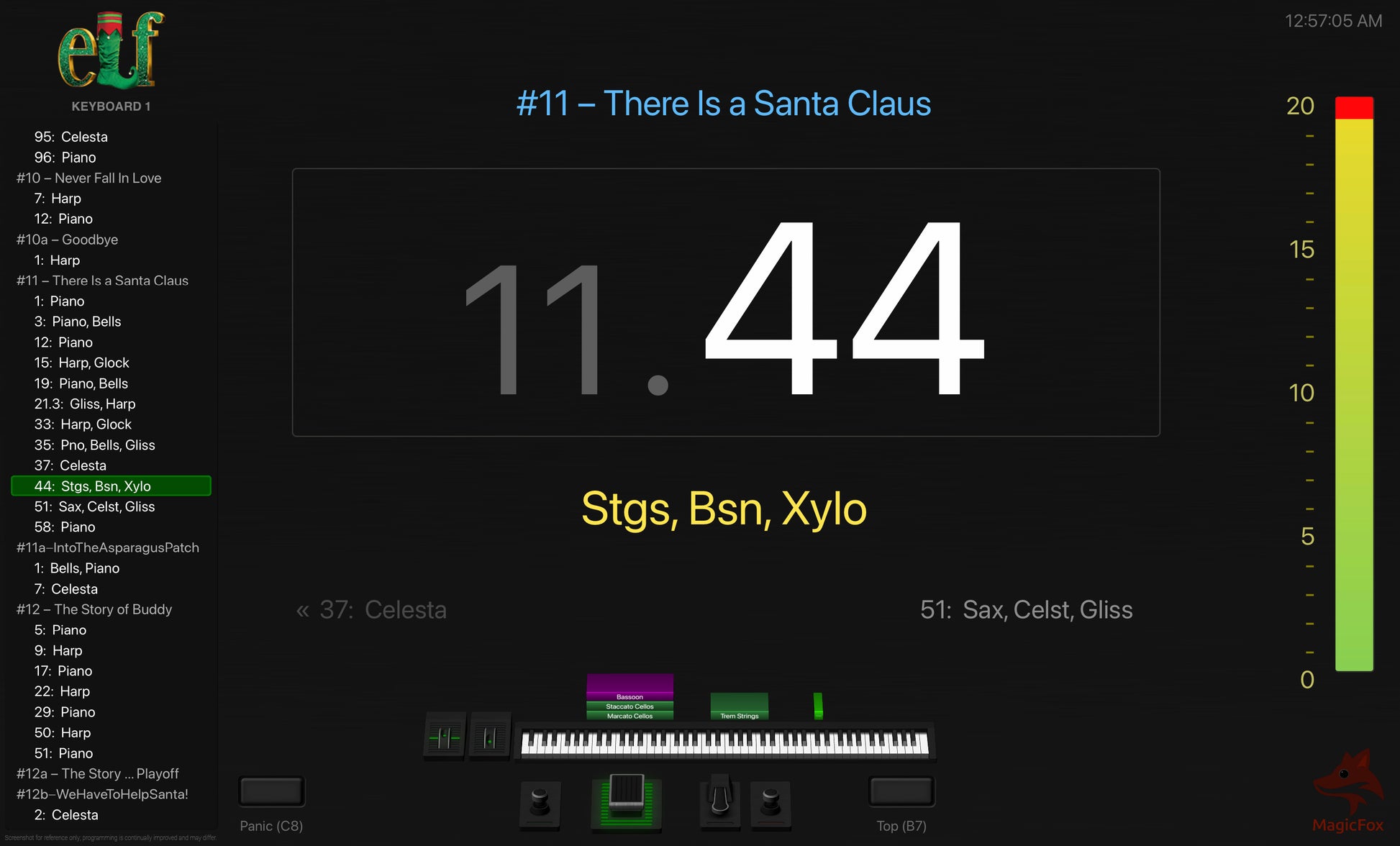 Screenshot of MagicFox MainStage programming for keyboard 1 from the Broadway musical Elf