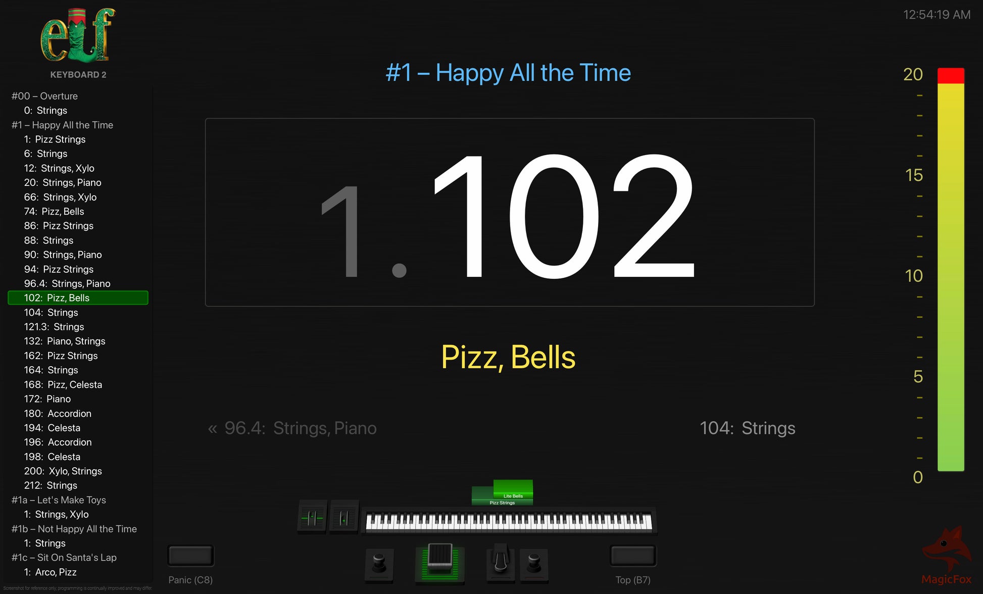 Screenshot of MagicFox MainStage programming for keyboard 2 from the Broadway musical Elf