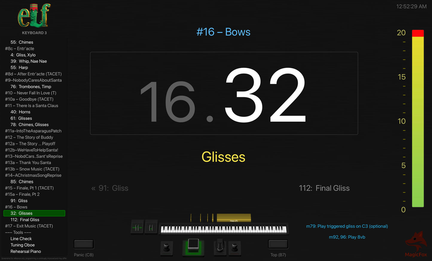 Screenshot of MagicFox MainStage programming for keyboard 3 from the Broadway musical Elf