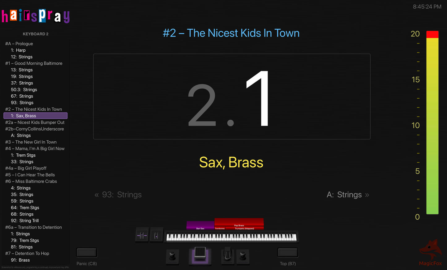 Screenshot of MagicFox MainStage programming for keyboard 2 from the Broadway musical Hairspray