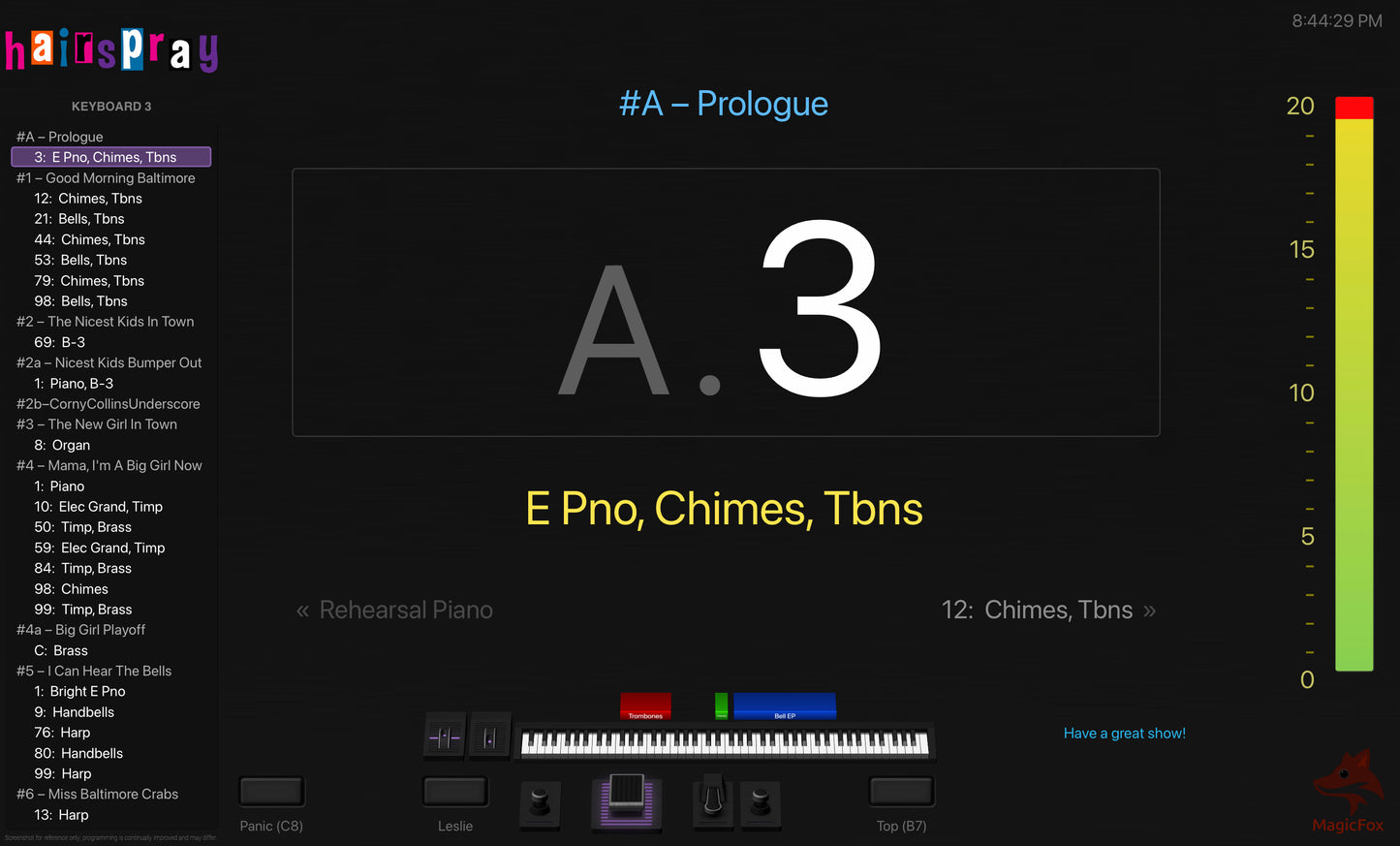 Screenshot of MagicFox MainStage programming for keyboard 3 from the Broadway musical Hairspray