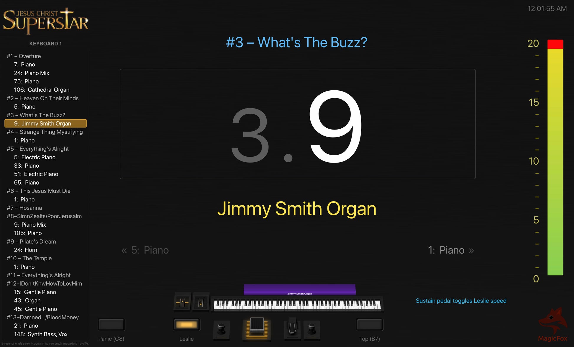 Screenshot of MagicFox MainStage programming for keyboard 1 from the Broadway musical Jesus Christ Superstar