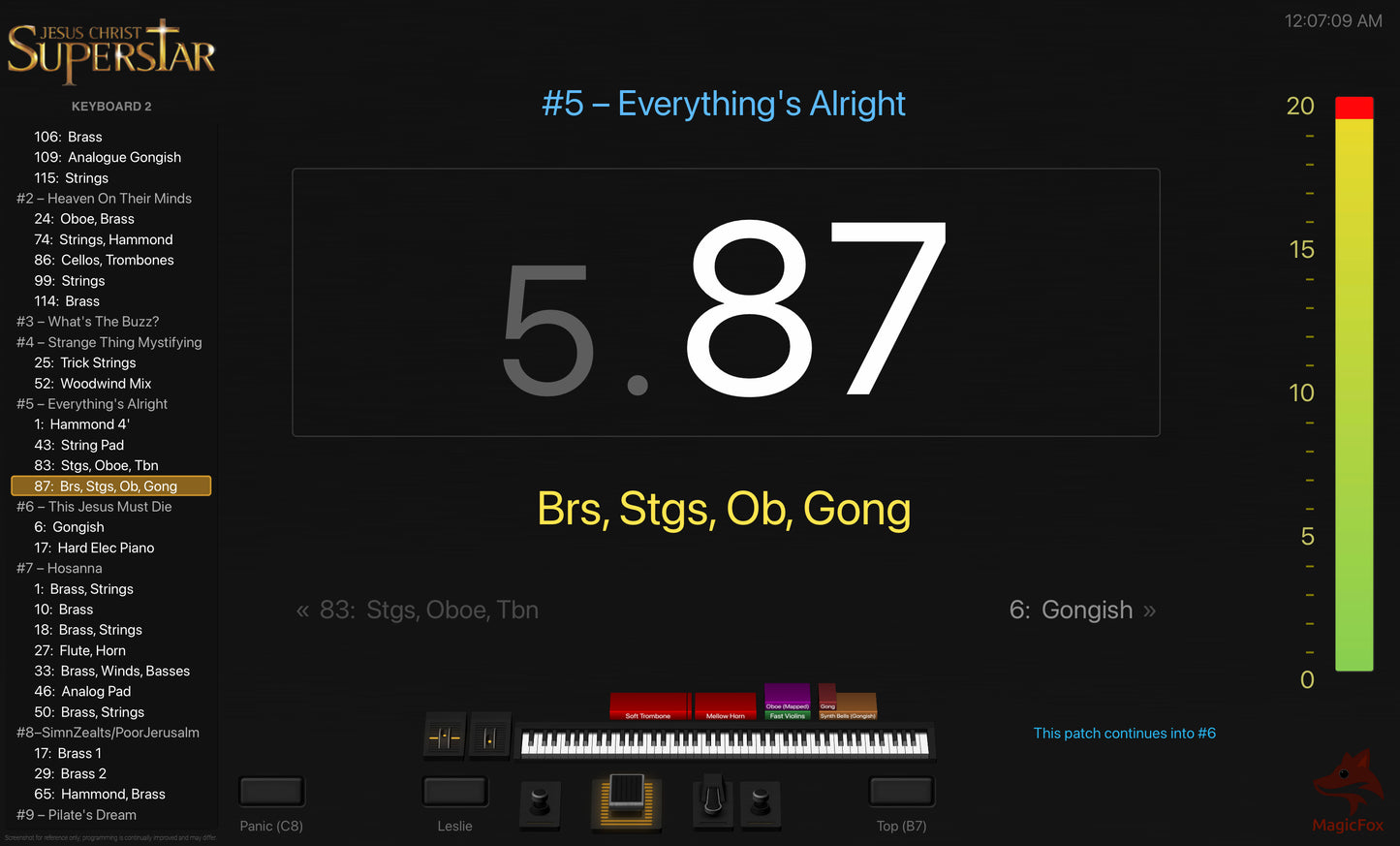 Screenshot of MagicFox MainStage programming for keyboard 2 from the Broadway musical Jesus Christ Superstar