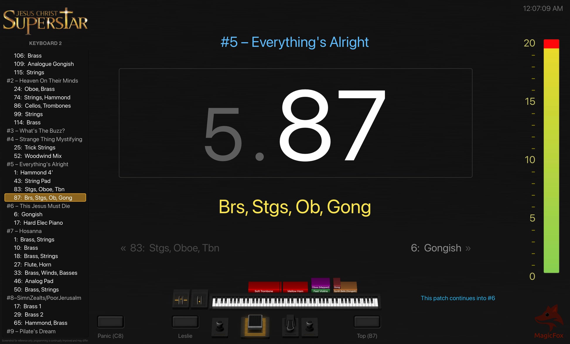 Screenshot of MagicFox MainStage programming for keyboard 2 from the Broadway musical Jesus Christ Superstar