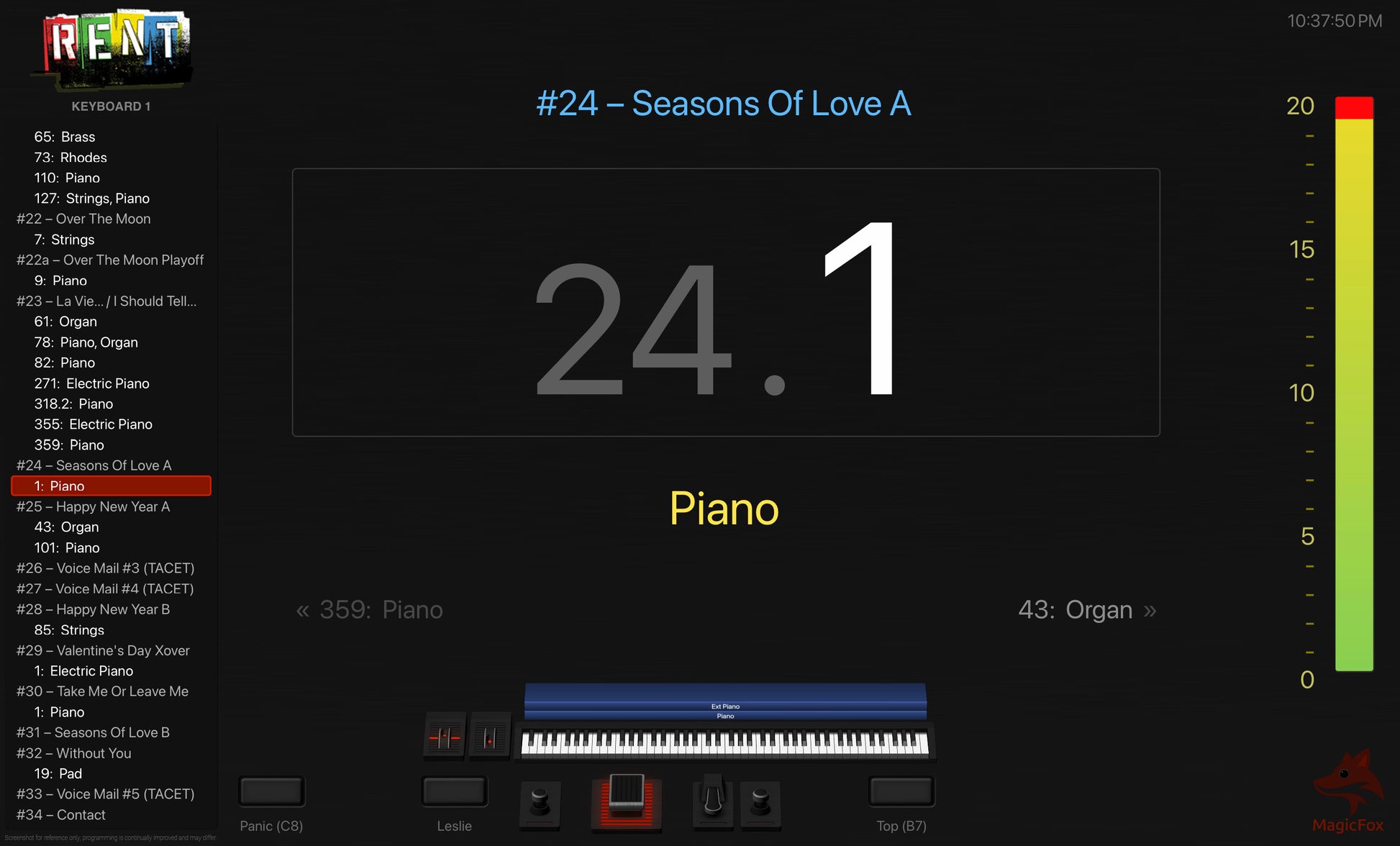Screenshot of MagicFox MainStage programming for keyboard 1 from the Broadway musical Rent