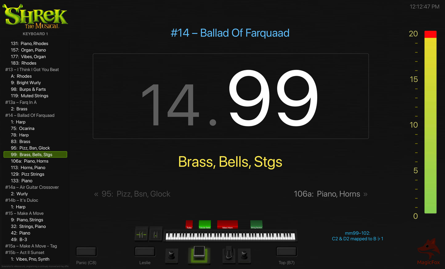 Screenshot of MagicFox MainStage programming for keyboard 1 from the Broadway musical Shrek