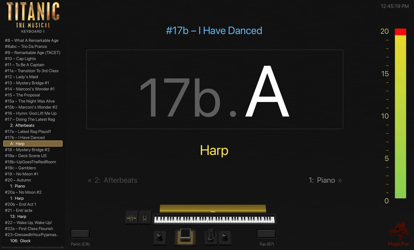 Screenshot of MagicFox MainStage programming for keyboard 1 from the Broadway musical Titanic