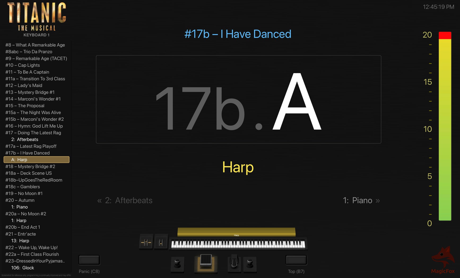 Screenshot of MagicFox MainStage programming for keyboard 1 from the Broadway musical Titanic