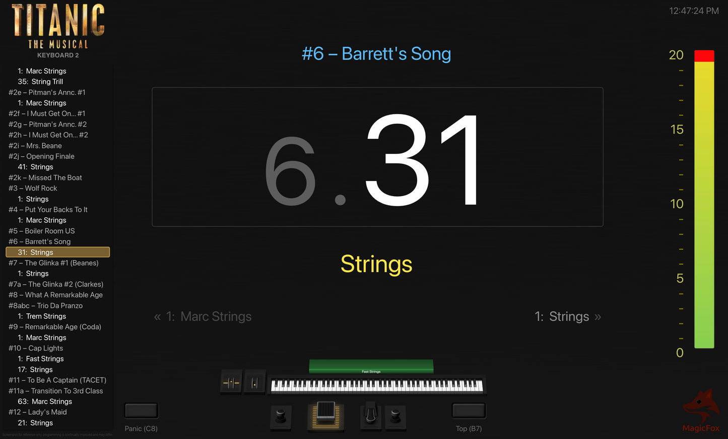 Screenshot of MagicFox MainStage programming for keyboard 2 from the Broadway musical Titanic